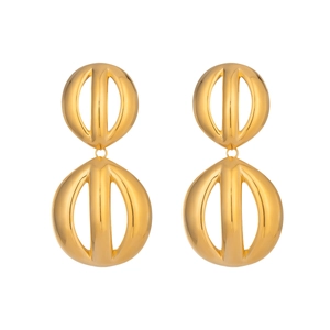 Detailed close-up of gold geometric hollow spherical earrings in stainless steel