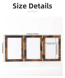 Detailed dimension chart for a 3-panel folding wooden picture frame with metal hinges