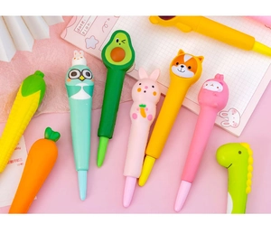 Close-up of colorful cartoon squishy pens in avocado and animal shapes for stress relief