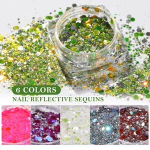 Detailed view of 6-color reflective nail sequins in acrylic jars with glitter powder