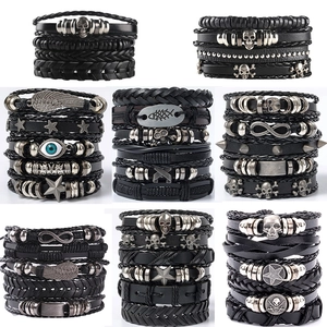 Mens Multi Layer Leather Bracelet Braided Cord With Alloy Skull Wood Beads Punk Vintage Adjustable Wrist Jewelry