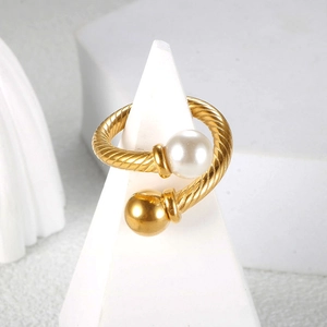 Retro Twisted Rope Artificial Pearl Ring Stainless Steel 18K Gold Plated Open Adjustable Geometric Design Women Jewelry