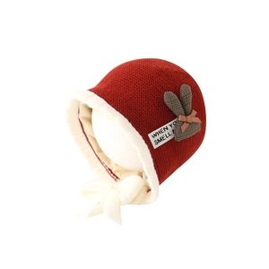 Red baby knit hat with rabbit ears, ear flaps and warm fleece lining for winter