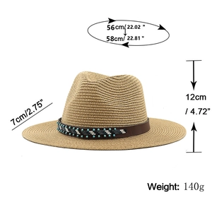 Summer straw Panama hat with beaded band shown with size and weight measurements
