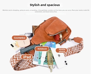 Brown faux leather crossbody bag with wide strap showing large capacity for iPad and phone