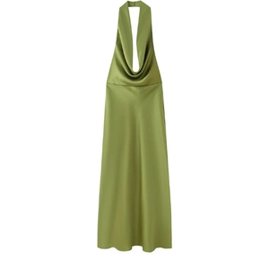 Grass green backless satin midi dress with cowl neck and halter design for women