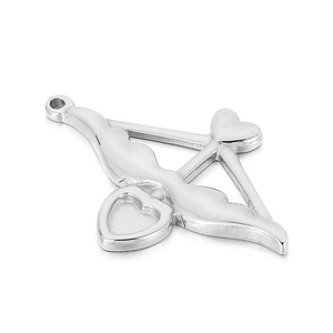 Silver stainless steel Cupid's arrow and heart pendant with a polished metallic finish