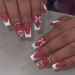 Pink French Tip Press On Nails Heart Bow Rhinestone Medium Square Artificial False Nails DIY Manicure