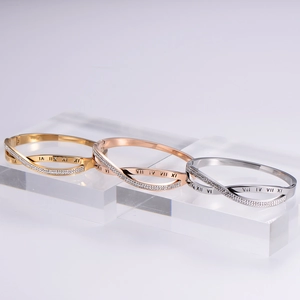Minimalist stainless steel roman numeral bangles with zircon in gold, rose gold and silver