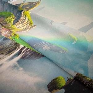 Close-up of high-quality digital print landscape tapestry with mountain scenery texture
