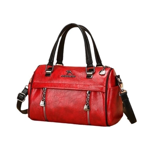 Premium vintage red leather handbag with black handles and a silver-tone kangaroo logo