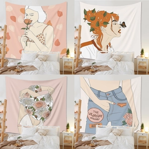 Tapisserie Murale Polyester Illustration Moderne Fille Fleur Art Couverture Suspendue Pour Chambre Décoration Esthétique