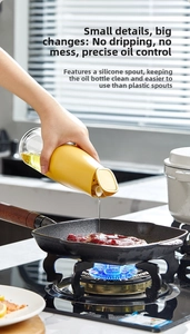 Detail of automatic gravity flip glass oil dispenser pouring oil into a pan without dripping