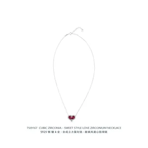 S925 silver gold-plated necklace with double red heart-shaped cubic zirconia pendants