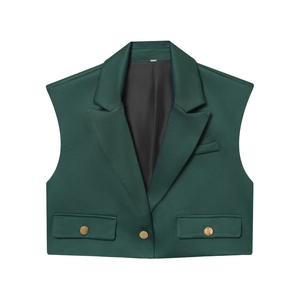 Ensemble gilet court vert foncé avec boutons dorés et pantalon large à taille haute