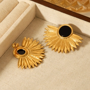 18K gold plated stainless steel fan earrings with black gemstone inlay in a jewelry box