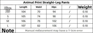 Detailed size chart for animal print straight-leg pants with measurements in cm