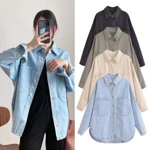 Women Denim Shirt Jacket Long Sleeve Washed Cotton Shacket Casual Loose Button Down Outerwear With Flap Pockets