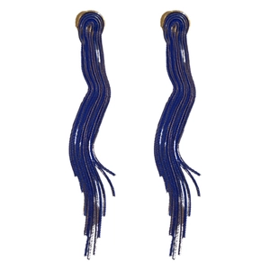 Elegant long dark blue fringe tassel drop earrings with golden circular stud base for women