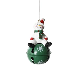 Christmas snowman resin figurine on green metal bell ornament with snowflake patterns