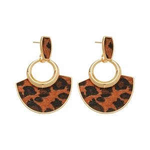 Retro leopard print hoop earrings with golden metal frame and fan-shaped drop design