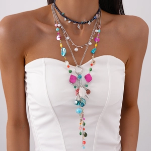 Bohemian multilayer necklace set with blue choker, shells and colorful charms for women
