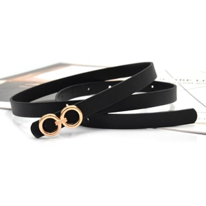 Minimalist black leather belt for women with elegant golden double ring buckle