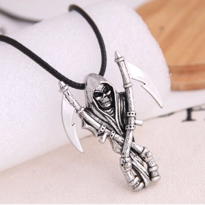 Retro reaper pendant necklace with double scythes and vintage silver metal finish