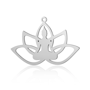 Macro detail of silver stainless steel lotus meditation pendant with cutout design