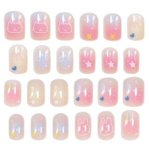 Short square press-on nails with cute cat and bunny patterns in pink and blue gradient