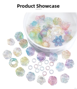 Macro shot of iridescent acrylic beads in butterfly, rose and flower shapes for DIY projects