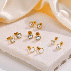 Round Stud Earrings Gold Plated Stainless Steel Minimalist Geometric Jewelry With Cubic Zirconia Simulated Artificial Pearl Mother Of Artificial Pearl