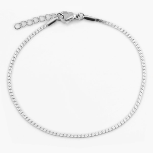 Detailed view of silver stainless steel square-link chain with secure lobster clasp