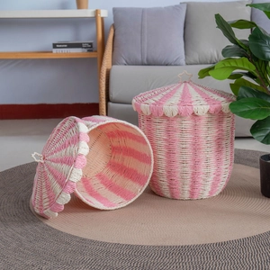 Nordic handmade woven pink stripe storage basket with star handle lid for nursery decor