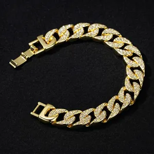 14mm golden Miami Cuban link bracelet with iced out pavé rhinestones in hip hop style