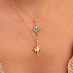 Starburst Pendant Necklace Vintage 18K Gold Plated Stainless Steel With Opal Stone Jewelry For Women