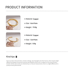 Detailed sizing guide showing 18k gold plated bangle dimensions and copper material specs