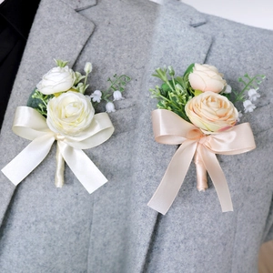 Wedding Boutonniere And Wrist Corsage Satin Rose Faux Artificial Pearl Elegant Groom Bride Accessory Celebration