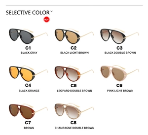Selective color chart showing eight retro pilot sunglasses frames in various lens tints