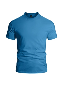 Close-up of the black neck label and fine cotton texture on a sky blue Henley t-shirt