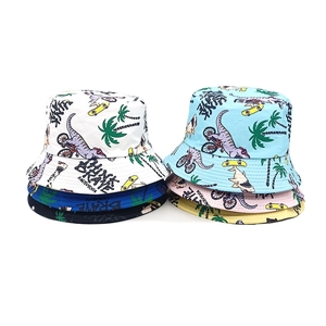 Dinosaur Shark Cartoon Print Kids Bucket Hat Polyester Wide Brim Sun Protection Fisherman Hat For Boys Girls