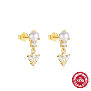 Elegant S925 sterling silver gold-plated pearl earrings with marquise zircon stones