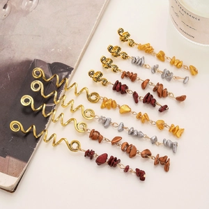Bohemian dreadlock hair jewelry with natural stone pendants and ethnic metal spirals