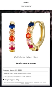 Detailed macro view of 925 sterling silver hoop earrings with 3mm colorful zircon stones