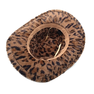 Detail of leopard print bucket hat showing plush lining and adjustable inner string