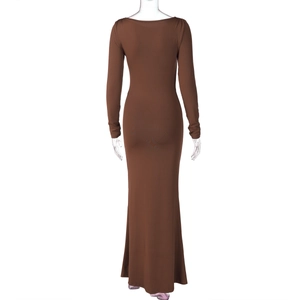 Detail of slim fit brown maxi dress with deep U-back neckline and long sleeves