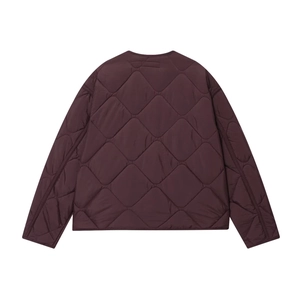 Women's dark purple diamond-quilted jacket back view with round neck and loose fit