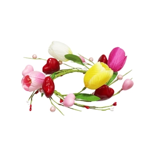Handmade heart tulip candle ring with artificial green leaves for Valentine's Day decor