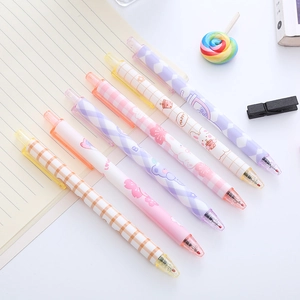 Set of 6 cute retractable gel pens with bear and floral patterns on white desk