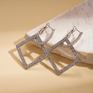 Elegant silver square geometric earrings with micro-inlaid diamonds for women